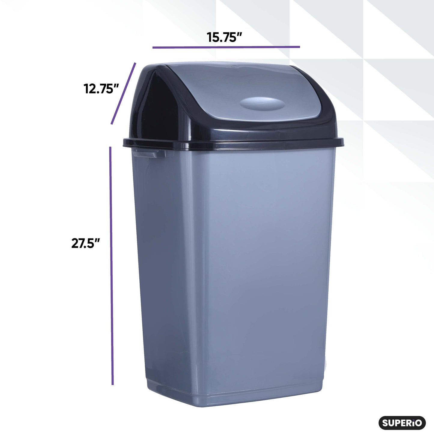large Swing Top Trash Can, 13 Gal / 52 Qt - Grey and Black