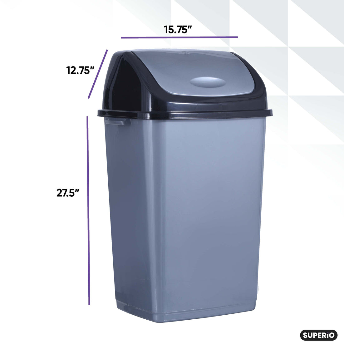 large Swing Top Trash Can, 13 Gal / 52 Qt - Grey and Black
