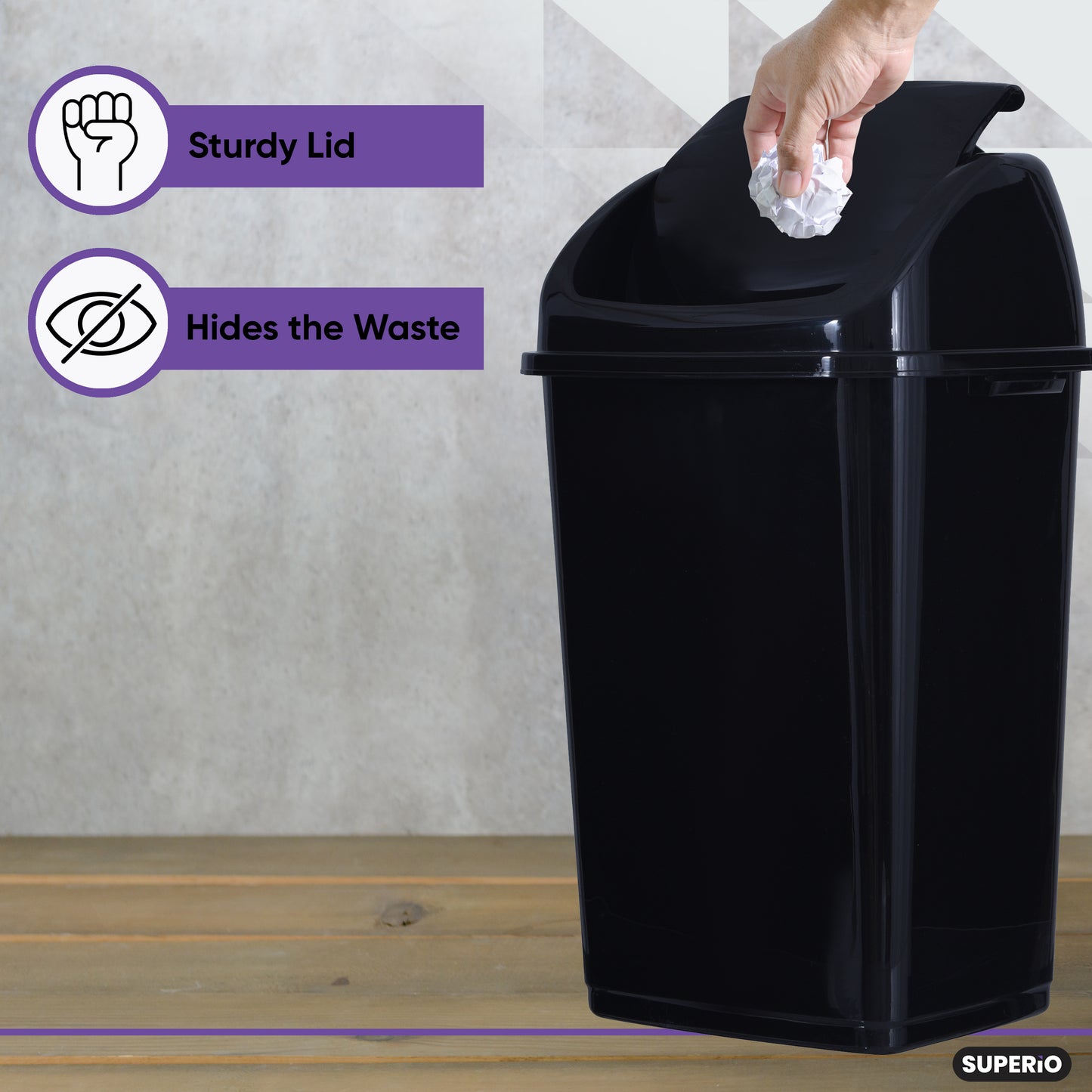 large Swing Top Trash Can, 13 Gal / 52 Qt - Black