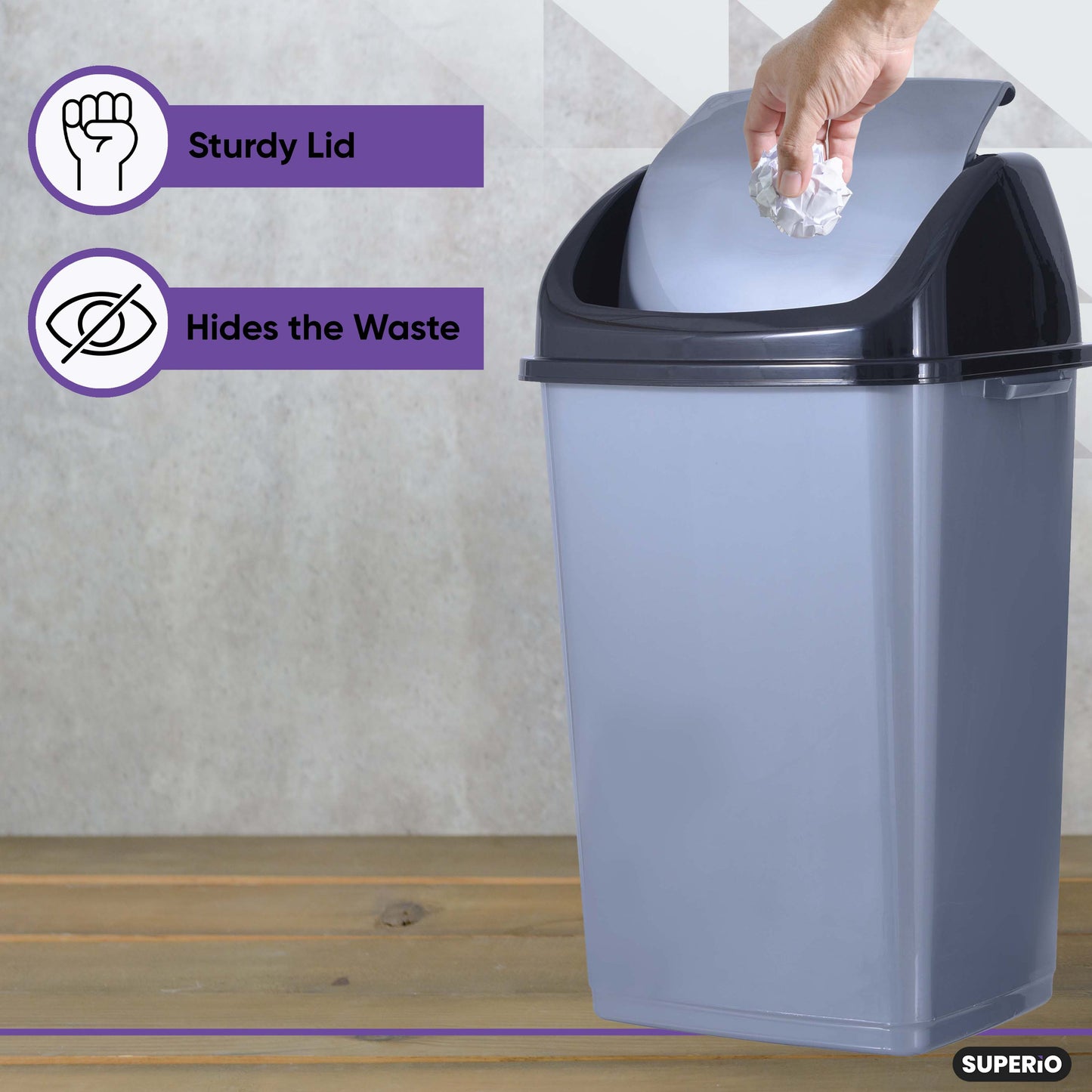 large Swing Top Trash Can, 13 Gal / 52 Qt - Grey and Black