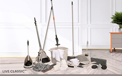 Slim Angle Broom with Telescopic Handle and Clip-on Dustpan, Grey