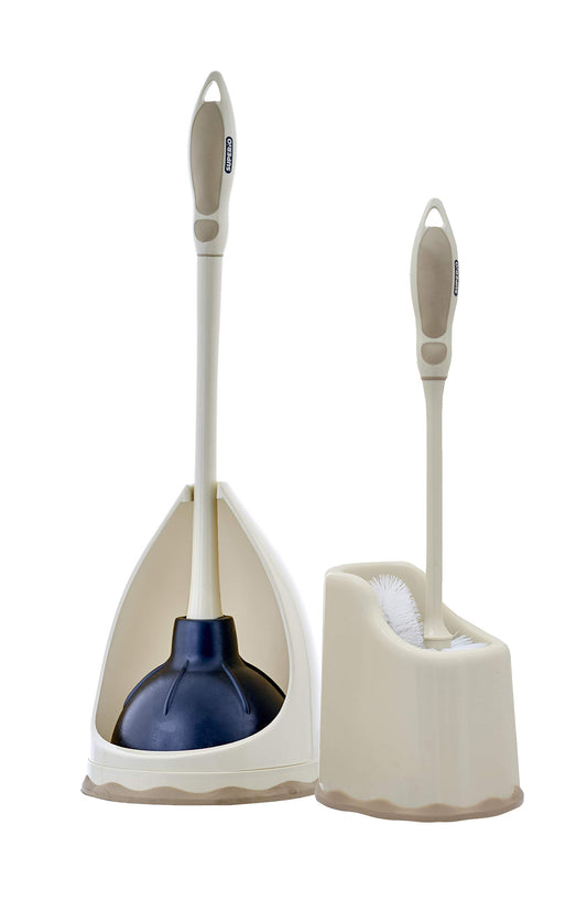 Toilet Bowl Brush with Caddy and Toilet & Sink Plunger with Caddy, Beige