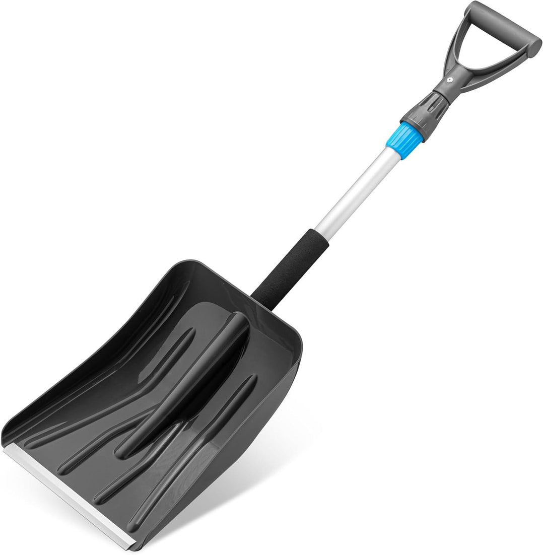 A black snow shovel with a telescopic handle and a plastic scoop.