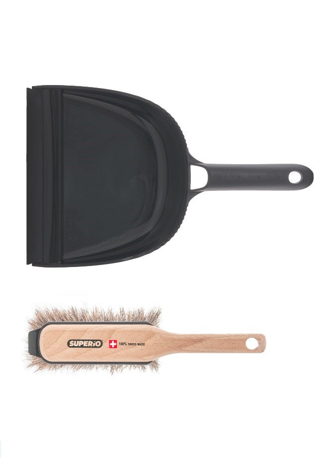 Dustpan and Brush Set- Hand Broom with Swiss Natural Horsehair Bristles