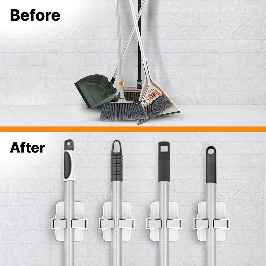 Mop And Broom Holder, Wall Organizer, Set of 4, White