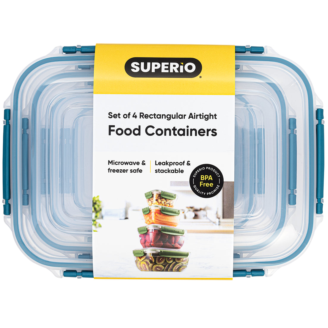 Set of 4 Rectangular Sealed Containers, Blue