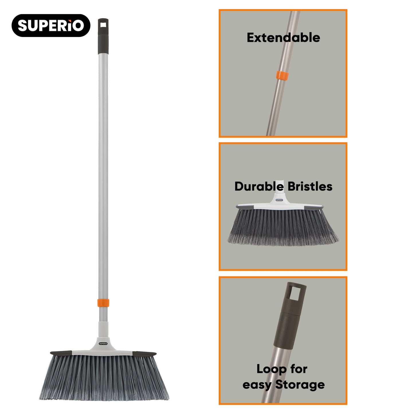 Slim Angle Broom with Telescopic Handle and Clip-on Dustpan, Grey