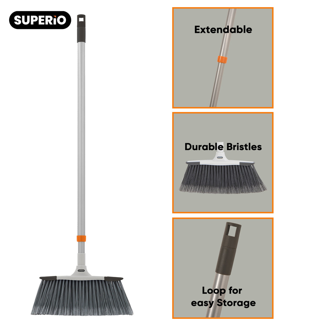 Slim Angle Broom with Telescopic Handle and Clip-on Dustpan, Grey