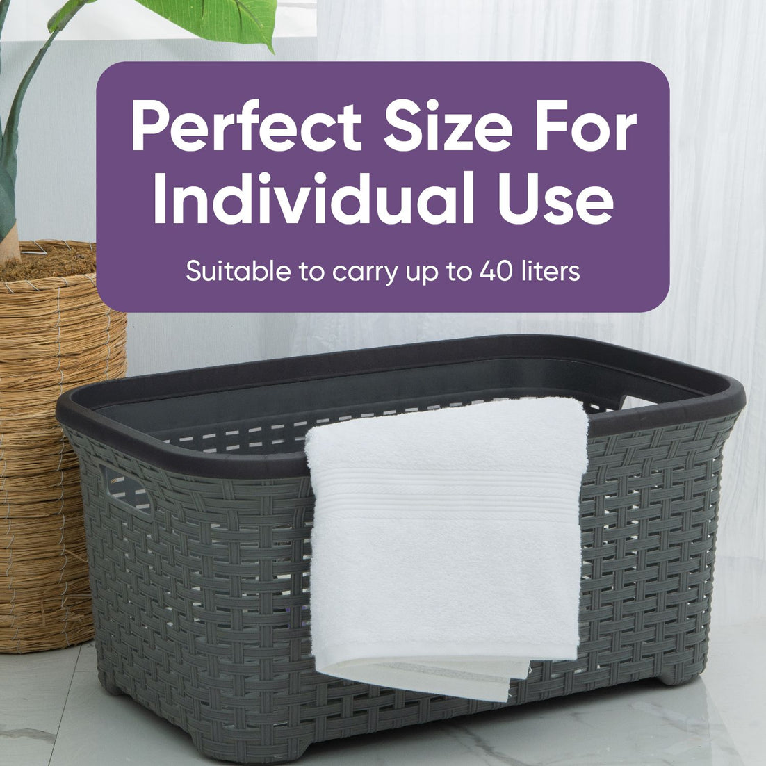 Wicker Style Laundry Basket with Cutout Handles, 50 Liter - Onyx Grey