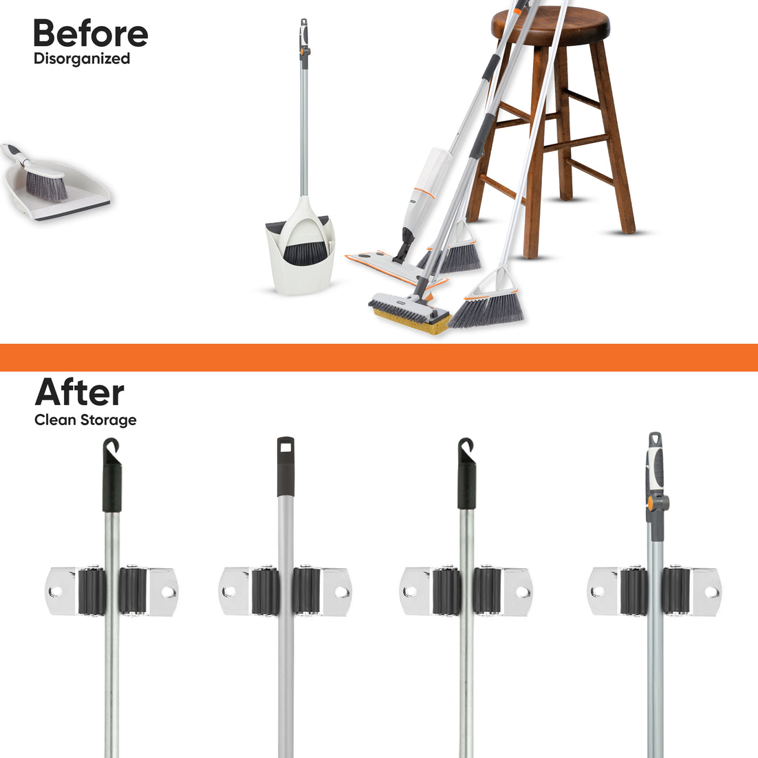 Wall Mount Broom and Mop Organizer, Set of 4 Single, Stainless Steel