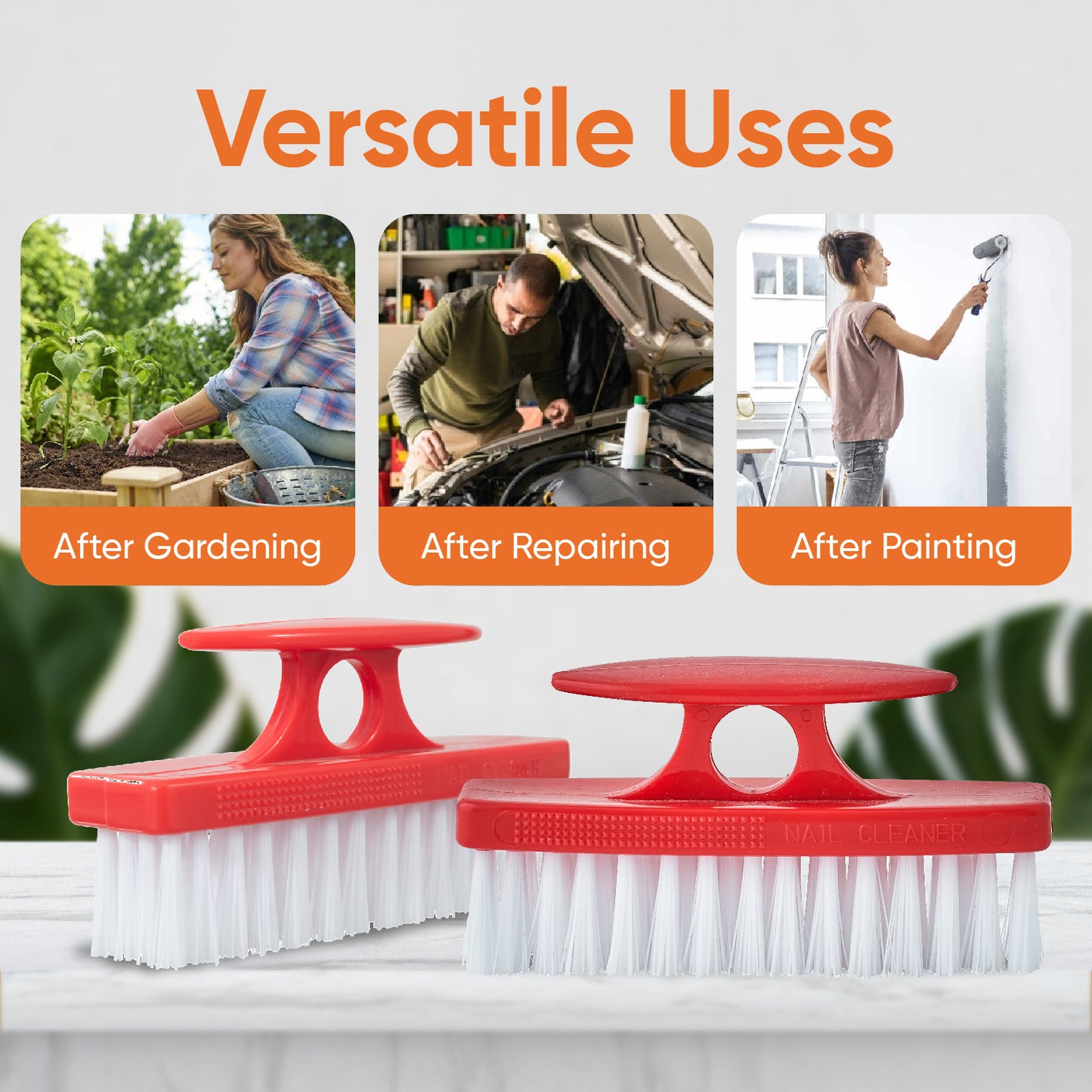 Red Nail Brush with Handle 3-Pack