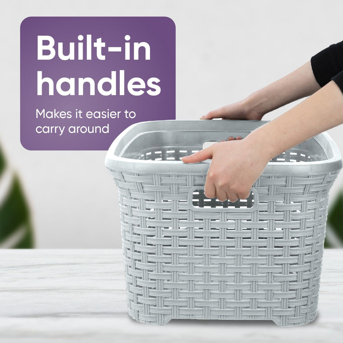 Wicker Style Laundry Basket with Cutout Handles, 50 Liter - White Smoke