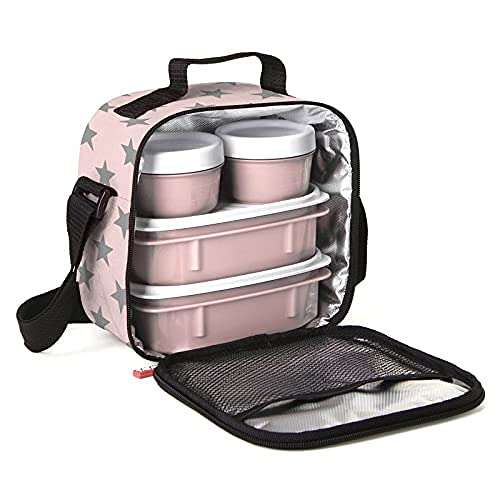 Insulated Lunch Bag with Containers, Thermal Lined Lunch Box for Kids Reusable Leak Proof Containers for Work School Travel and Beach Pink Stars