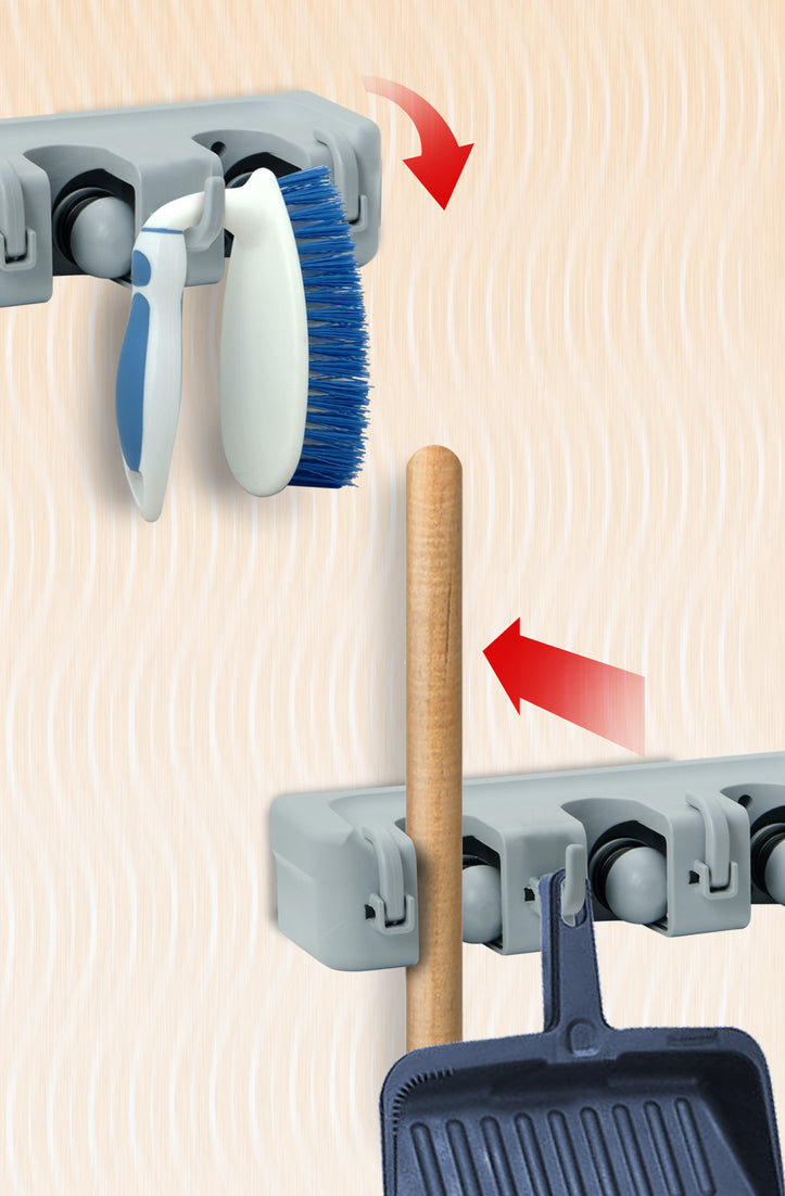 Mop And Broom Holder, Wall Organizer, 3 Slots and 4 Hooks
