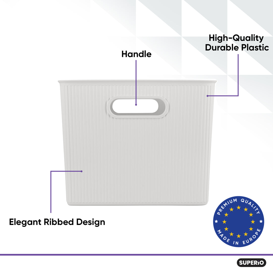 22 Liter Ribbed Storage Bin White, Decorative Basket With Handles