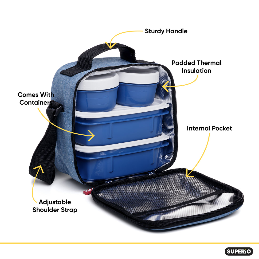Insulated Lunch Bag with Food Containers, Denim