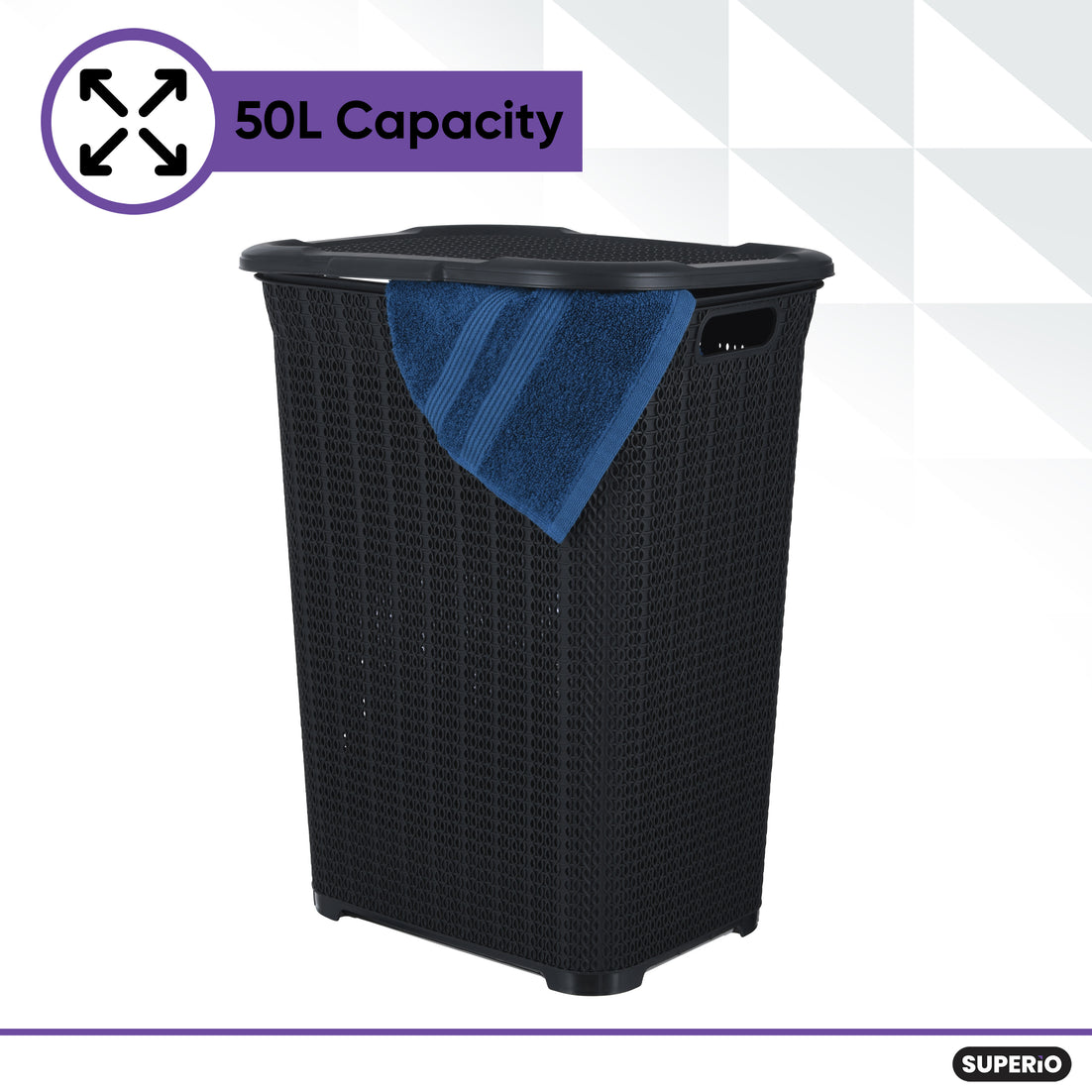 50 Liter Knit Style Laundry Hamper with Cutout Handles - Black