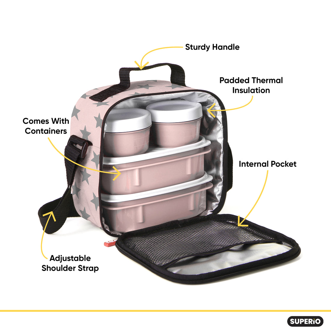 Insulated Lunch Bag with Food Containers, Pink Stars