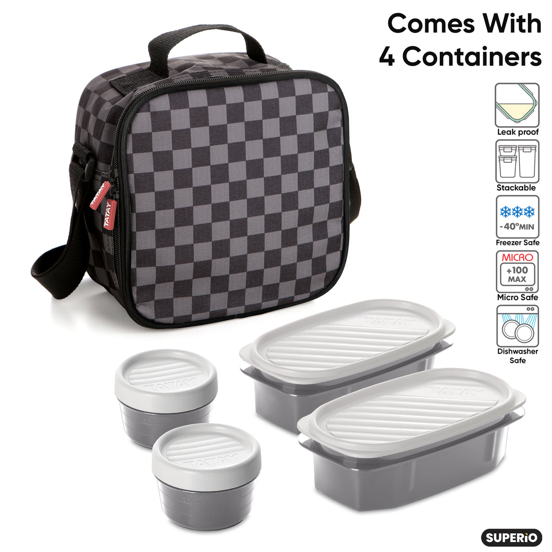 Insulated Lunch Bag with Food Containers, Grey Checkered
