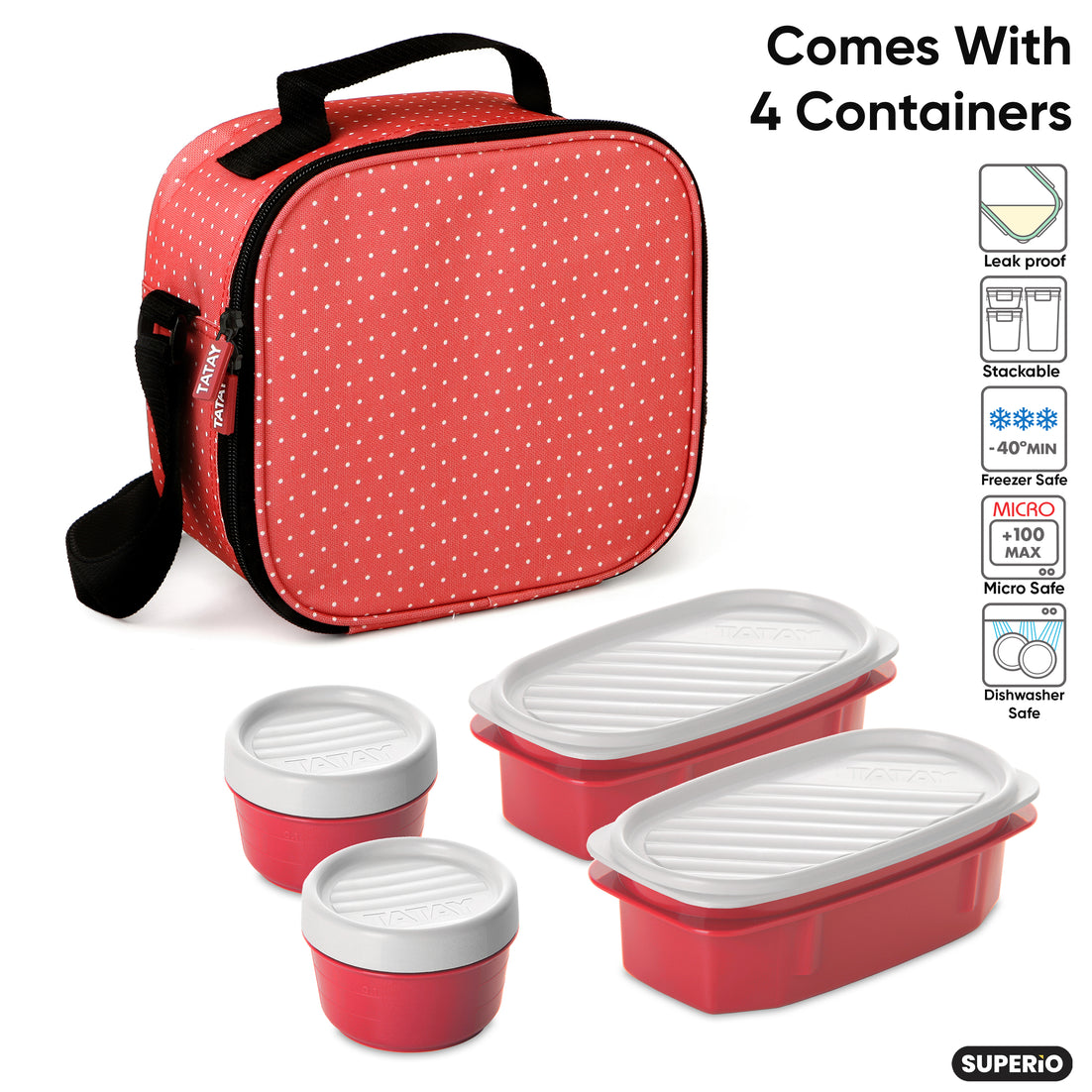 Insulated Lunch Bag with Food Containers, Red Polka Dots