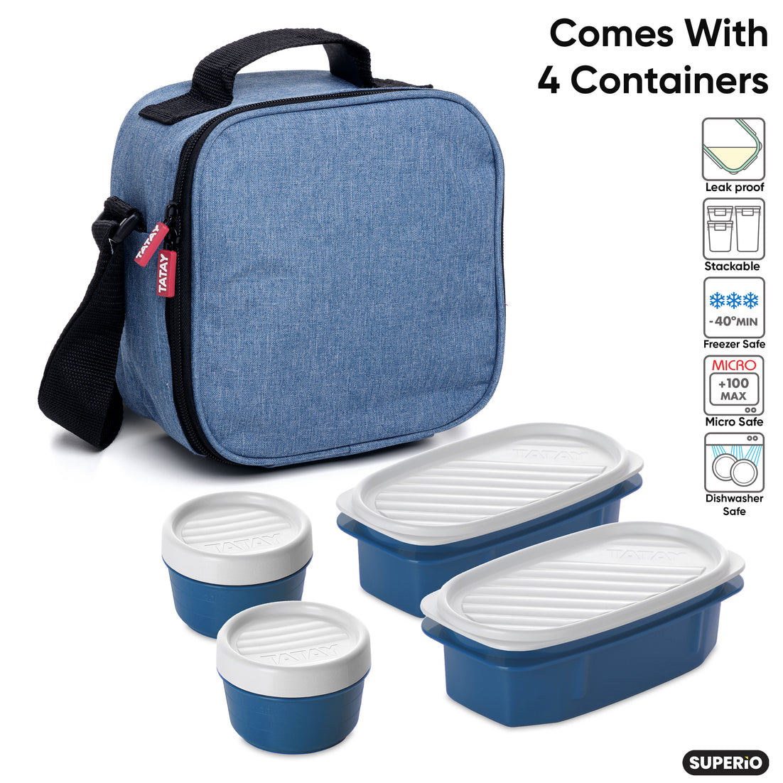 Insulated Lunch Bag with Food Containers, Denim