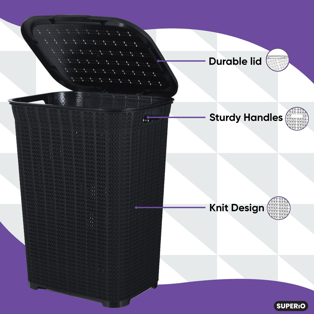 50 Liter Knit Style Laundry Hamper with Cutout Handles - Black
