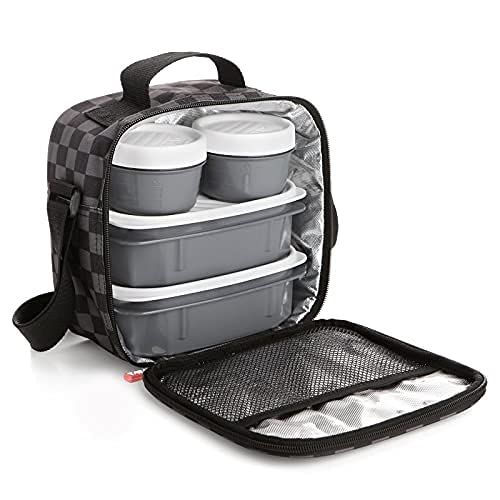 Insulated Lunch Bag with Food Containers, Grey Checkered