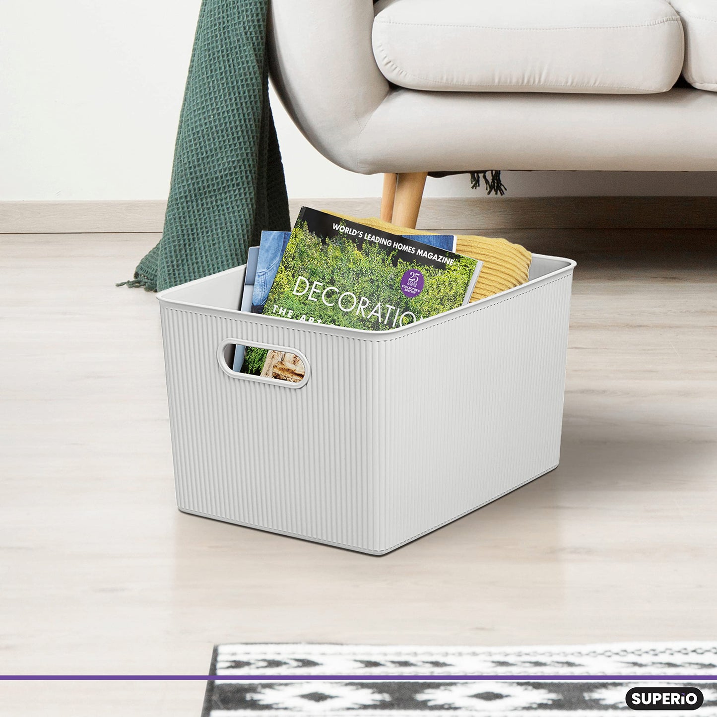 22 Liter Ribbed Storage Bin White, Decorative Basket With Handles