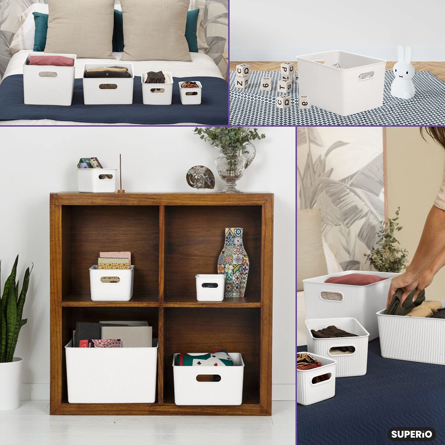 22 Liter Ribbed Storage Bin White, Decorative Basket With Handles