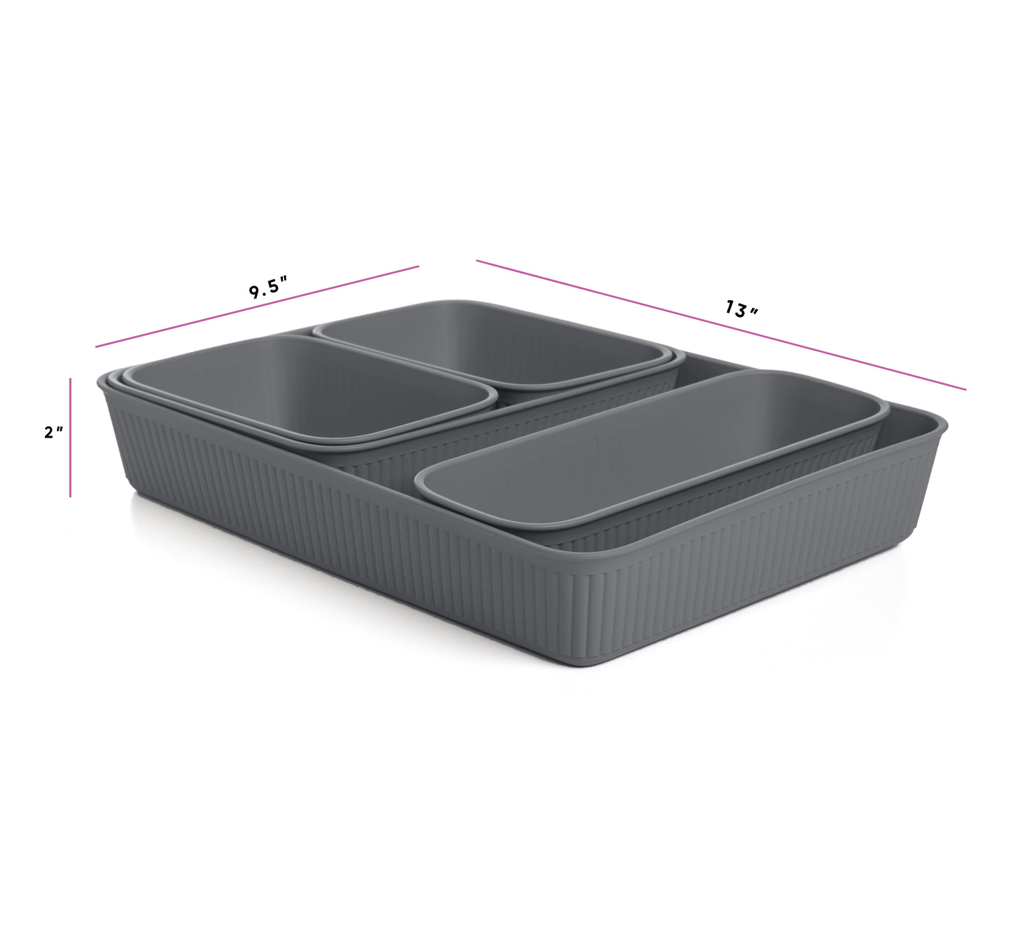Set of 5 Ribbed Storage Bin Grey