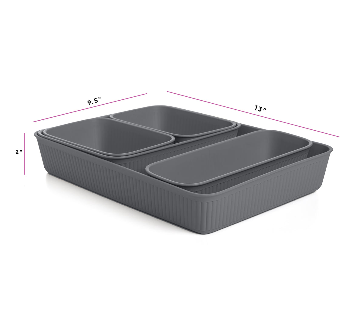 Set of 5 Ribbed Storage Bin Grey