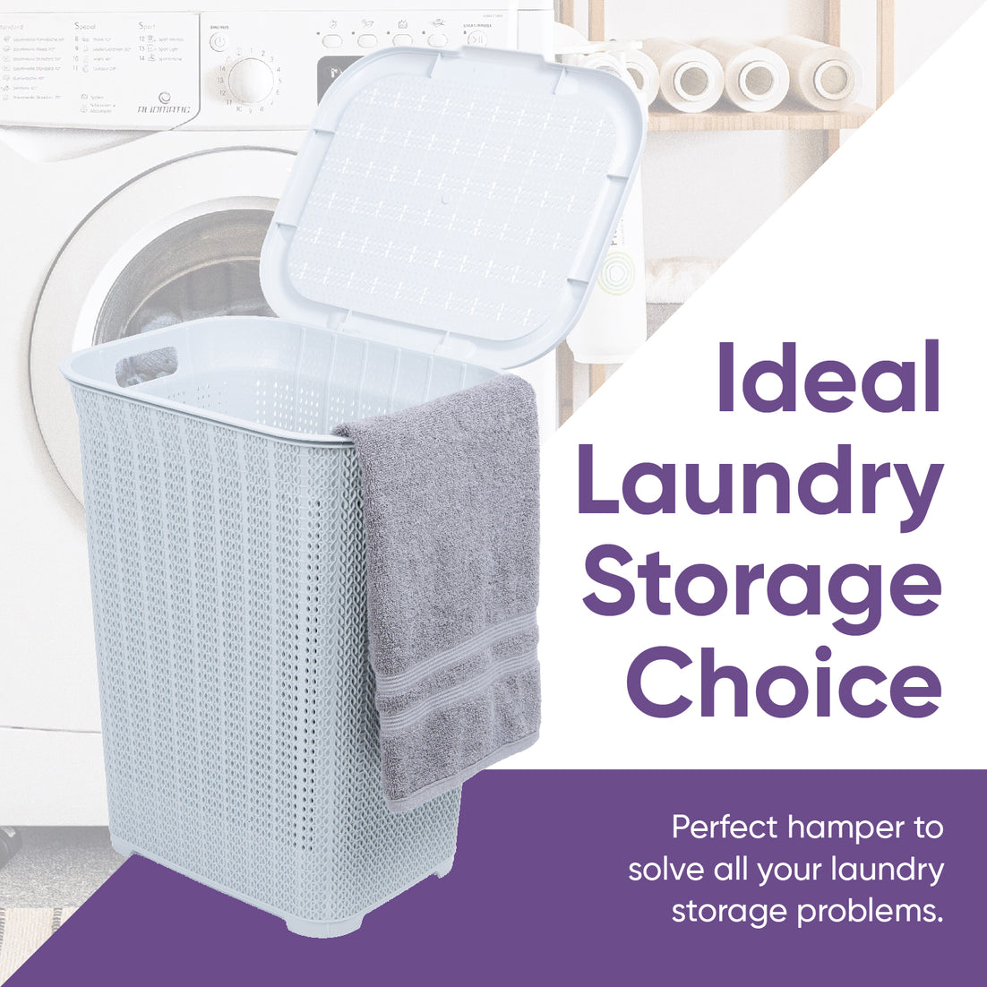 50 Liter Knit Style Laundry Hamper with Cutout Handles - White smoke