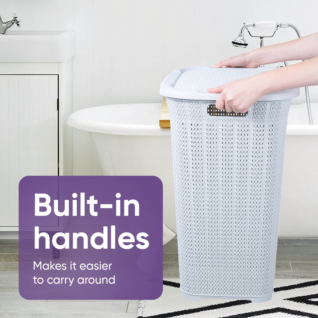 50 Liter Knit Style Laundry Hamper with Cutout Handles - White smoke