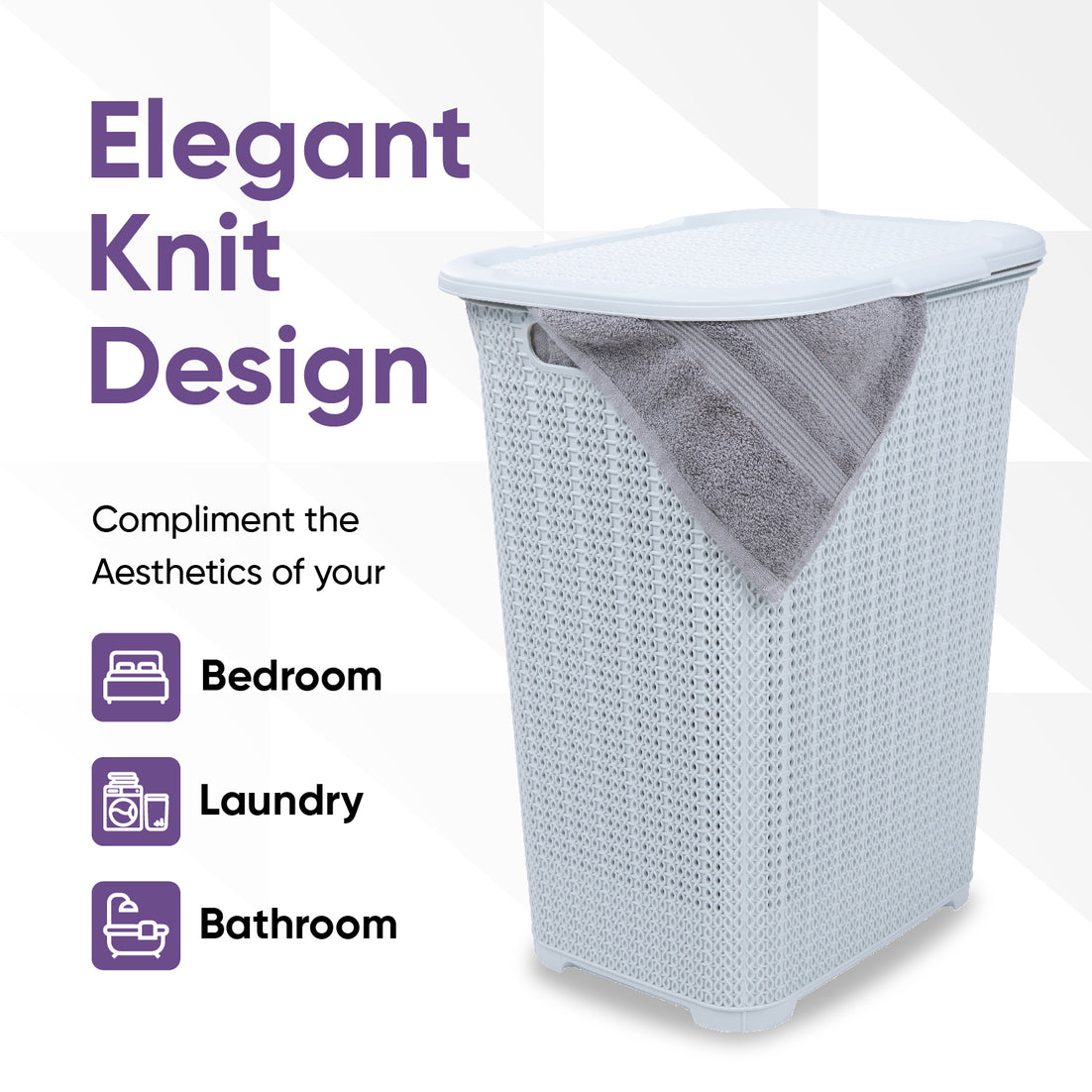 50 Liter Knit Style Laundry Hamper with Cutout Handles - White smoke