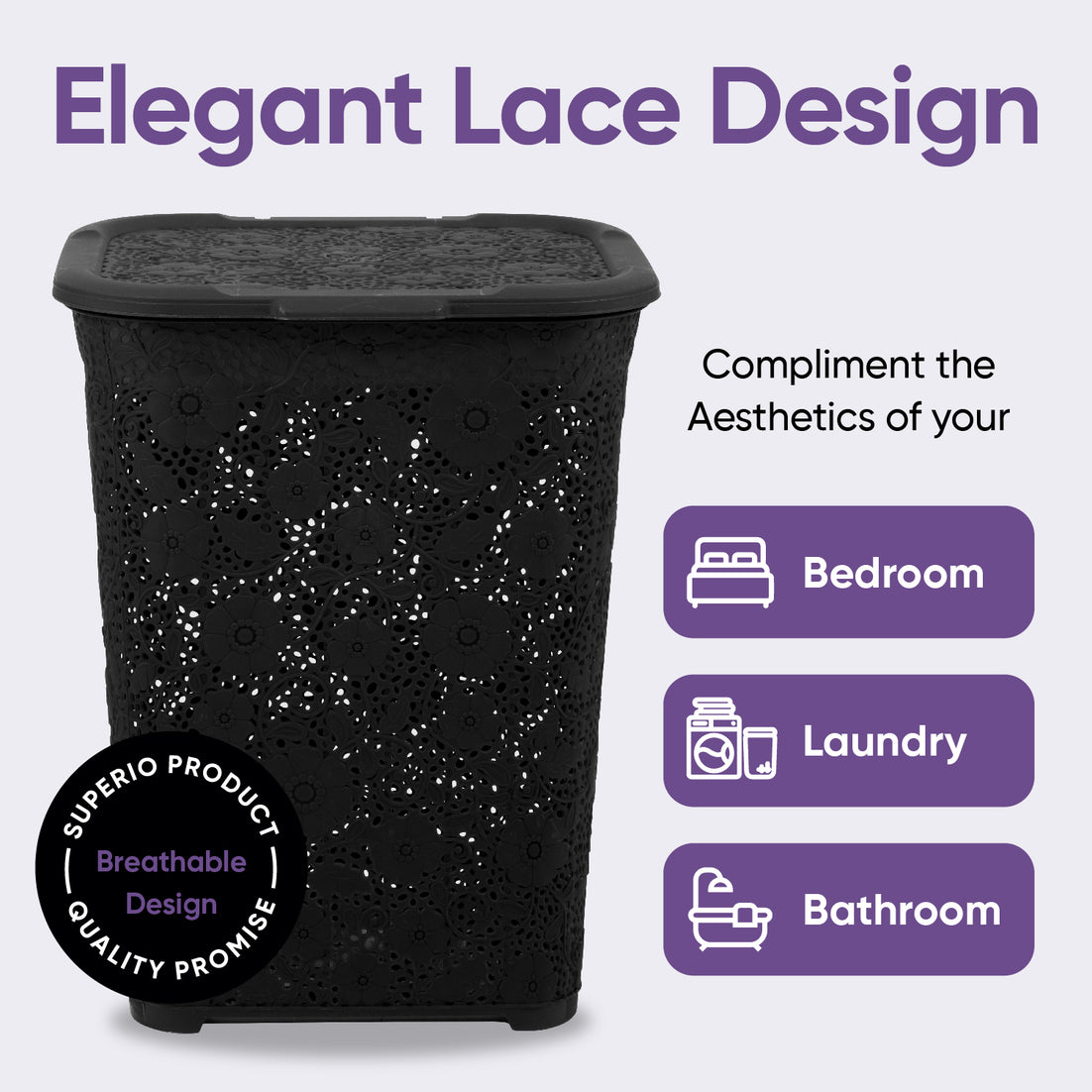 50 Liter Knit Style Laundry Hamper with Cutout Handles - Black