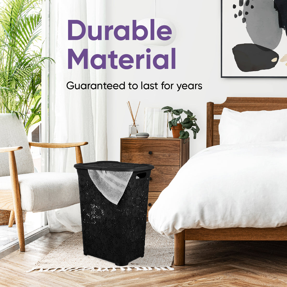 50 Liter Knit Style Laundry Hamper with Cutout Handles - Black