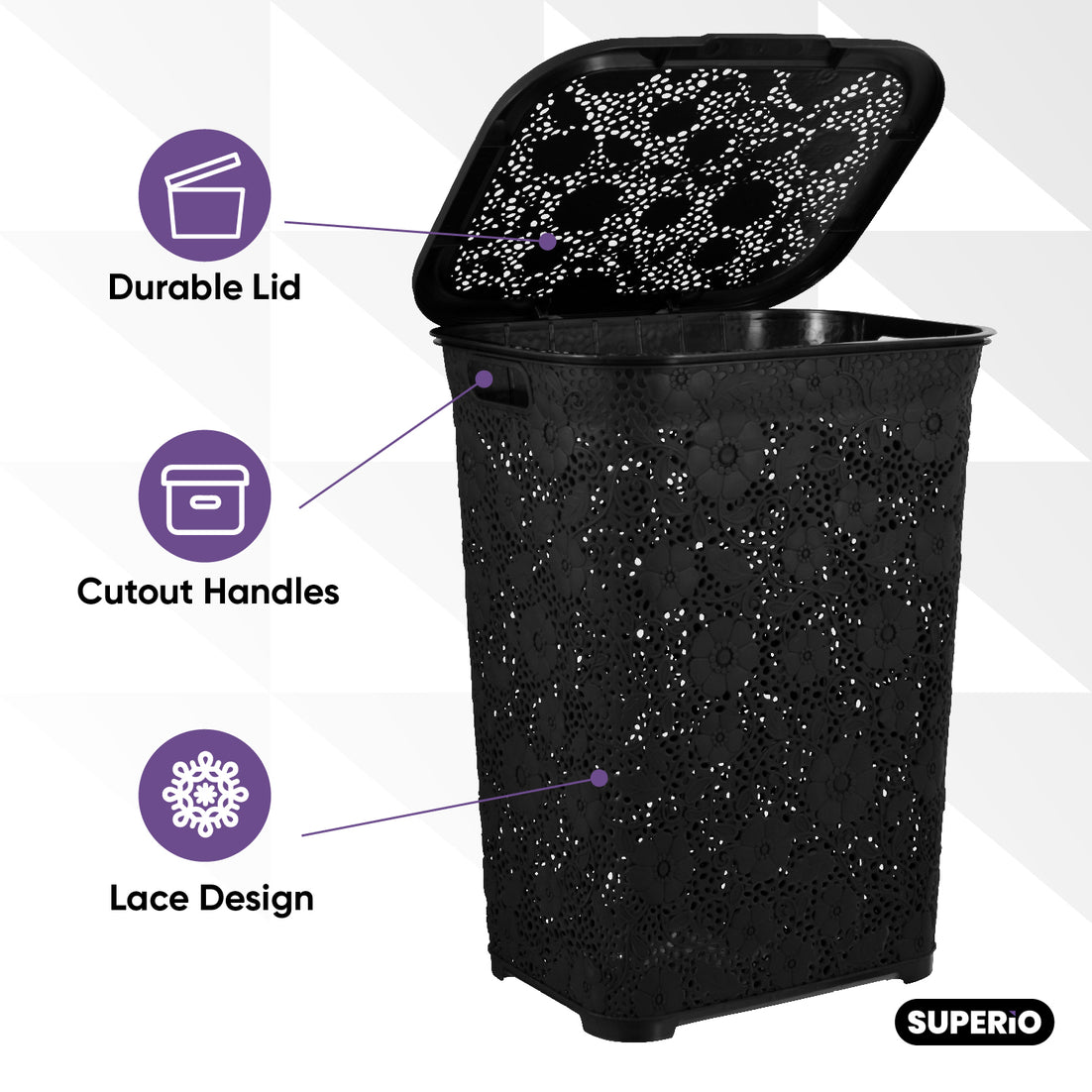 50 Liter Knit Style Laundry Hamper with Cutout Handles - Black