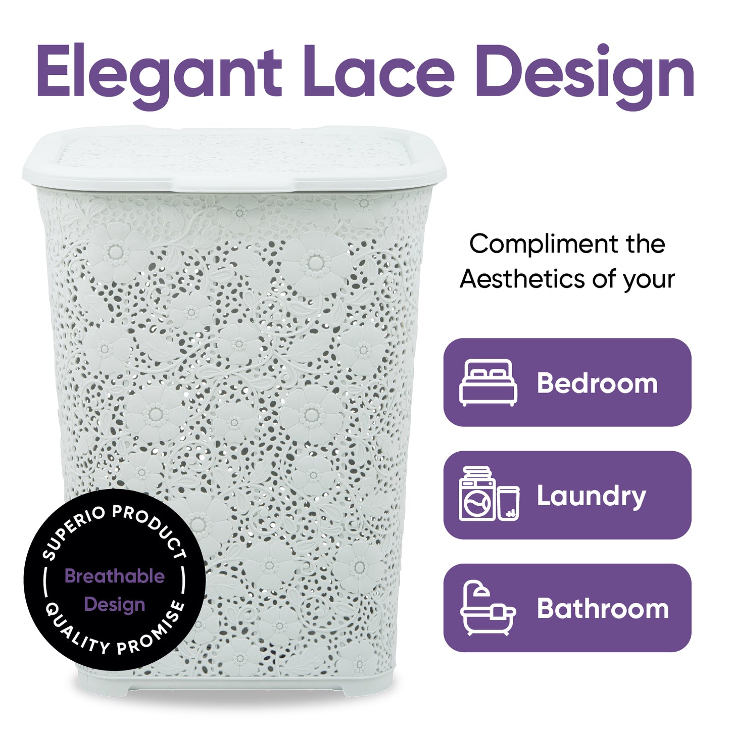 Lace Laundry Hamper, 50 Liter - White Smoke