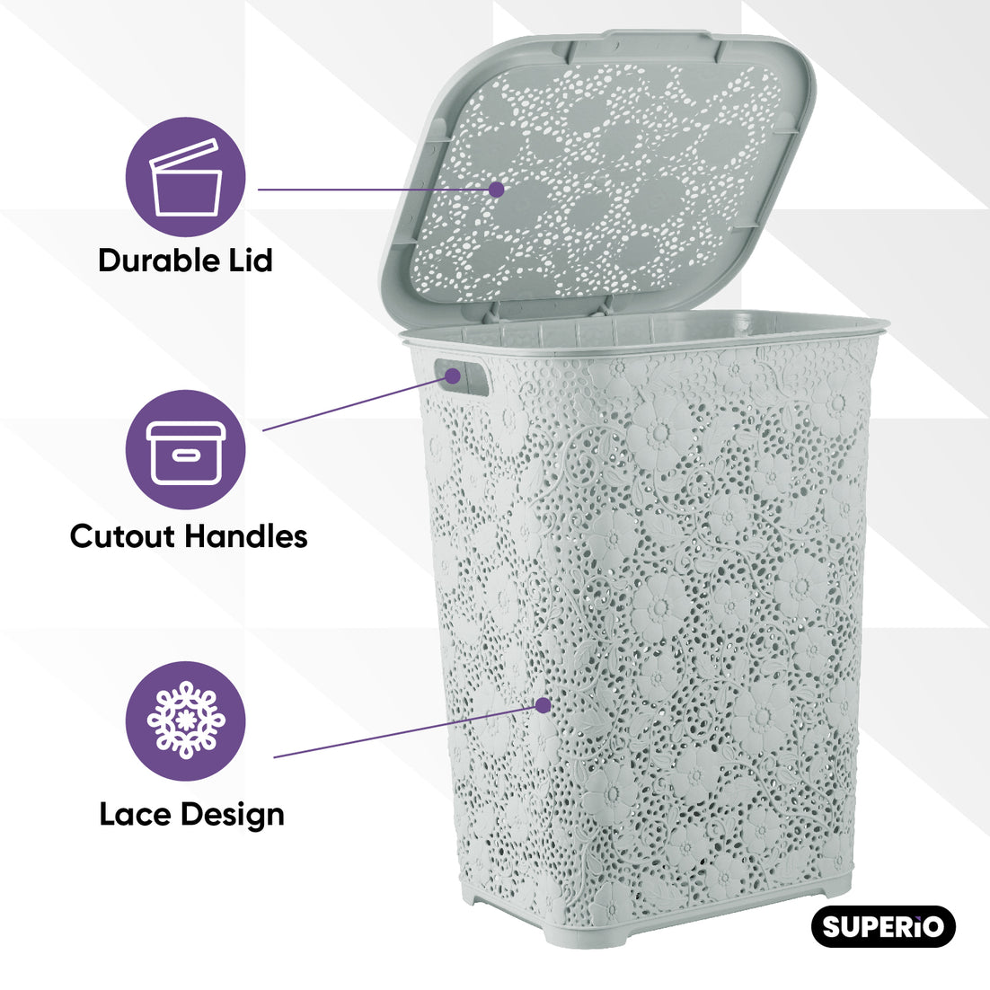 Lace Laundry Hamper, 50 Liter - White Smoke