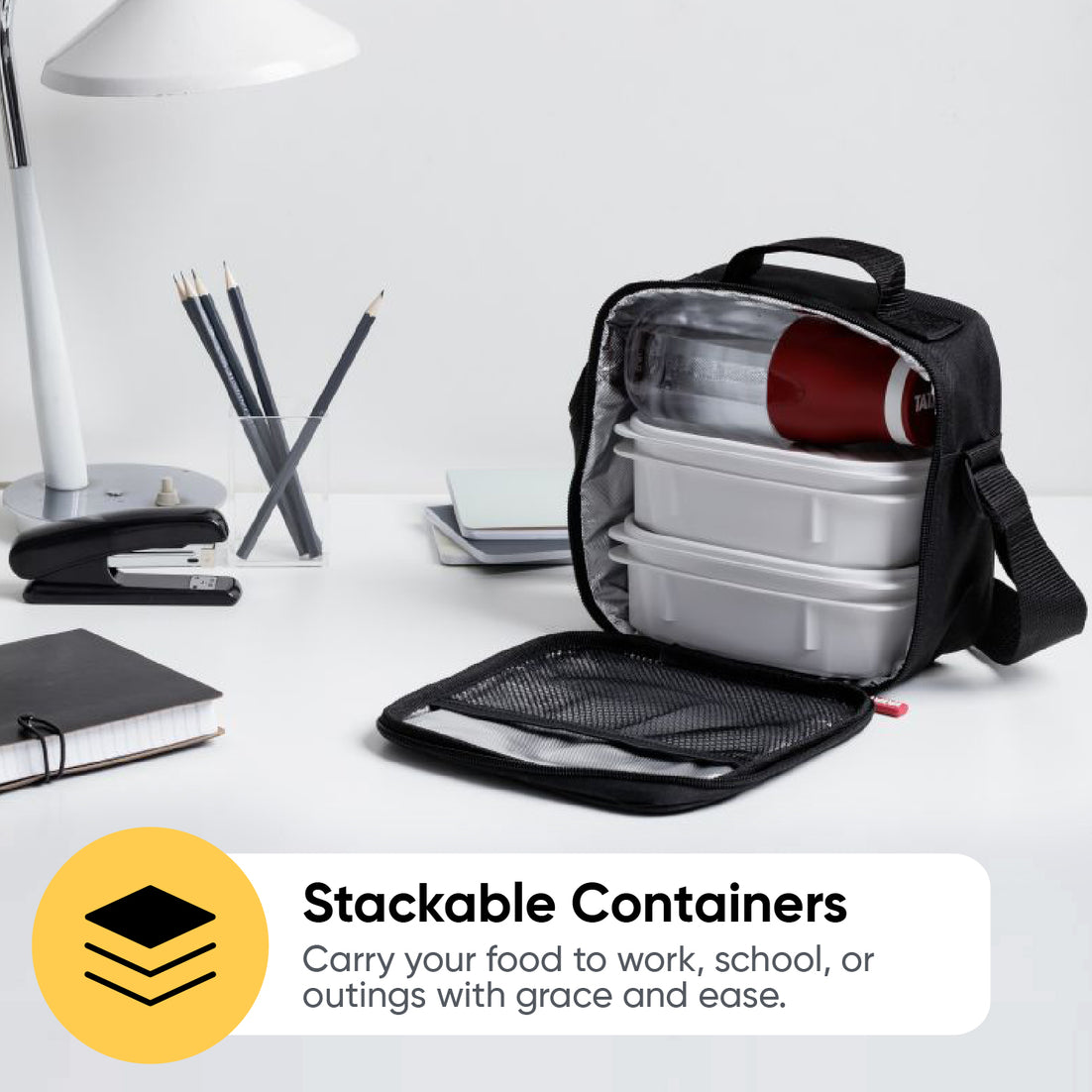 Insulated Lunch Bag with Food Containers, Black