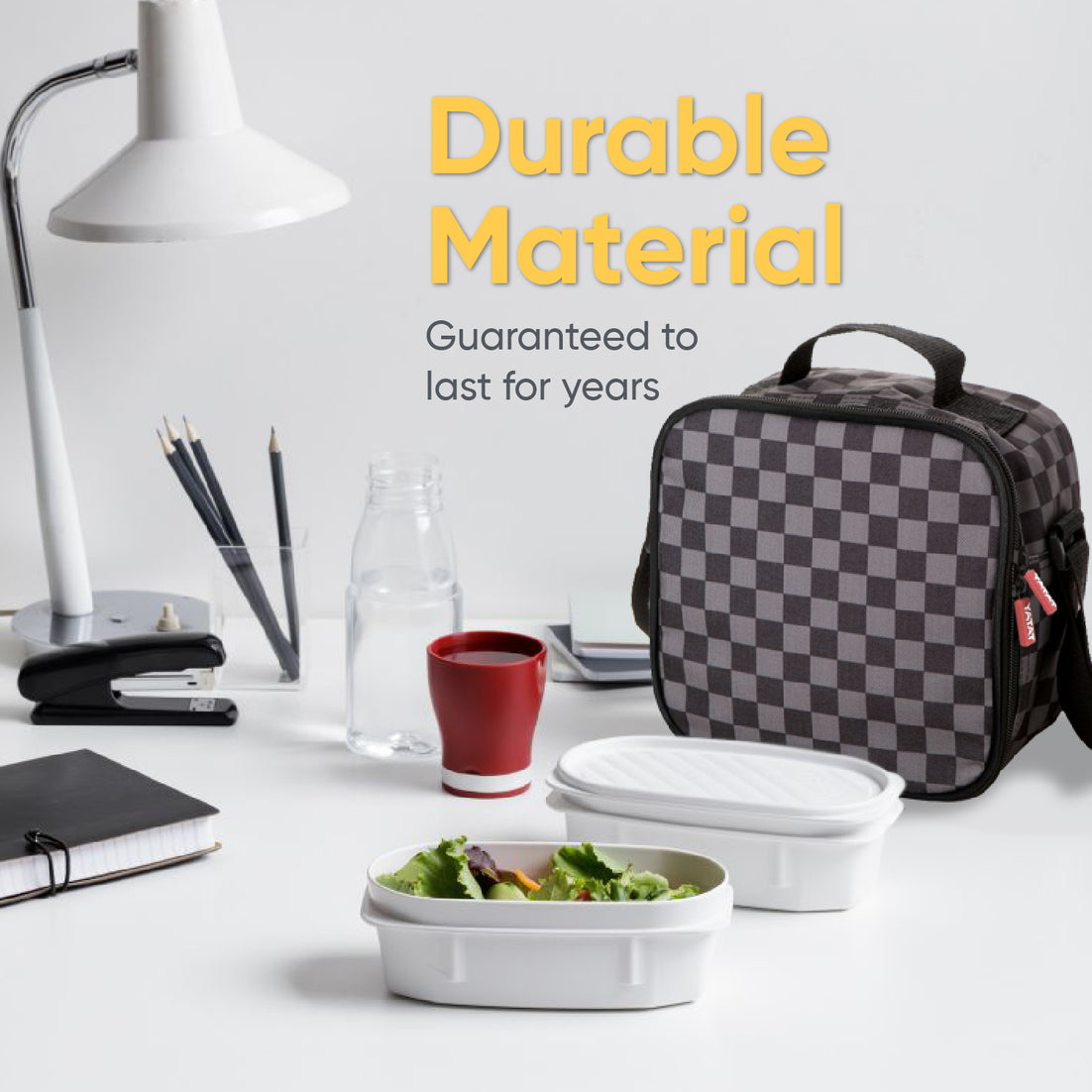 Insulated Lunch Bag with Food Containers, Grey Checkered