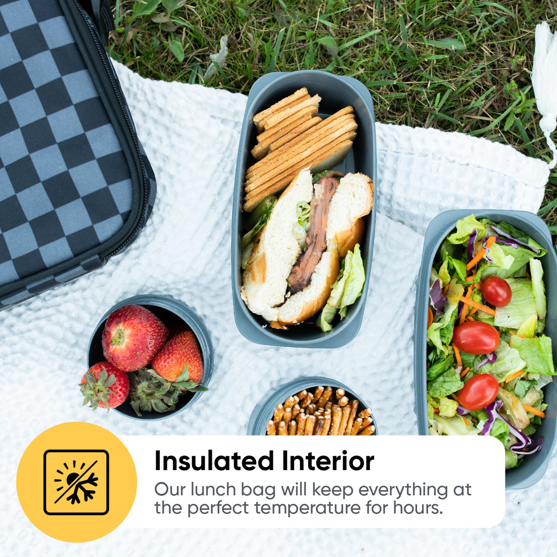 Insulated Lunch Bag with Food Containers, Grey Checkered