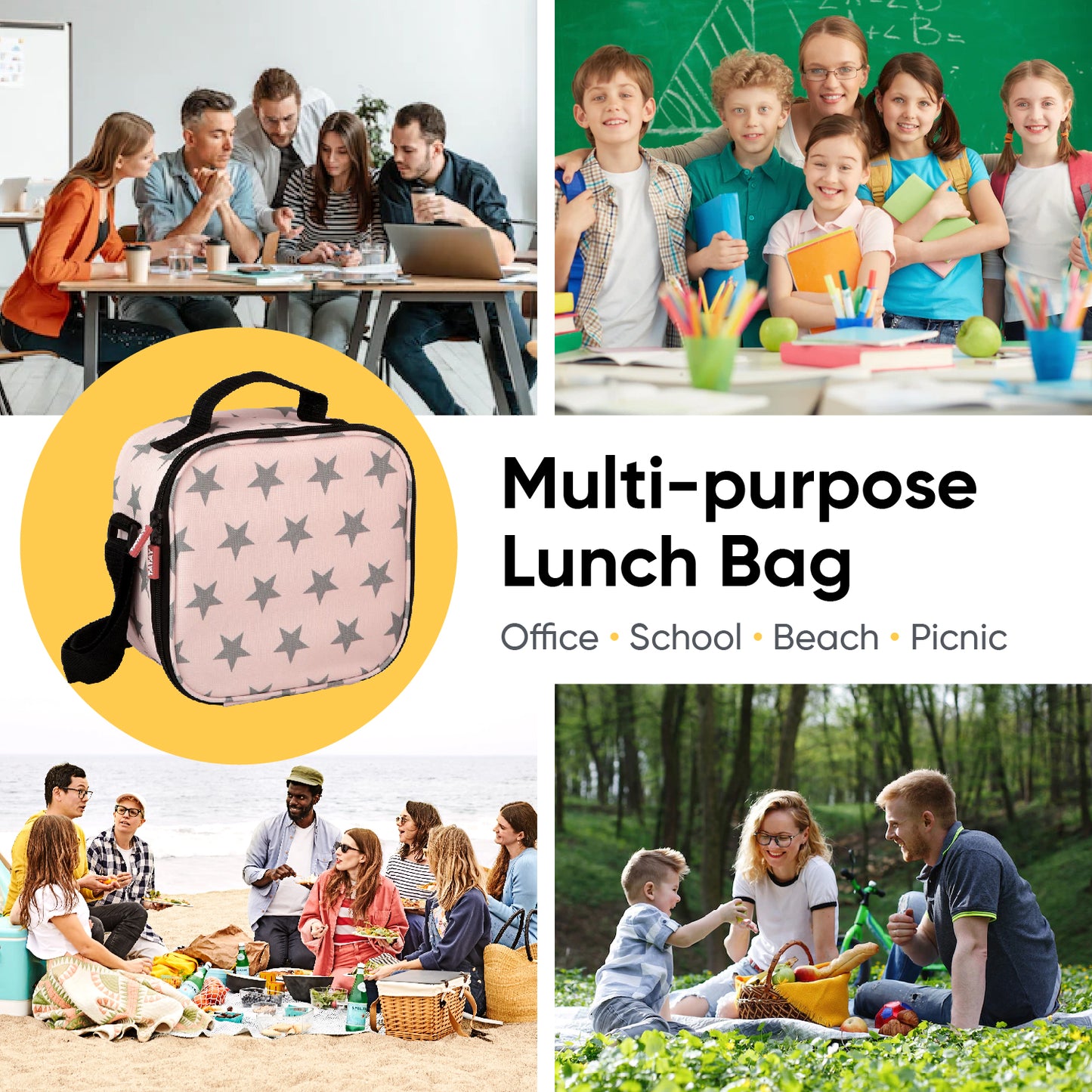 Insulated Lunch Bag with Food Containers, Pink Stars