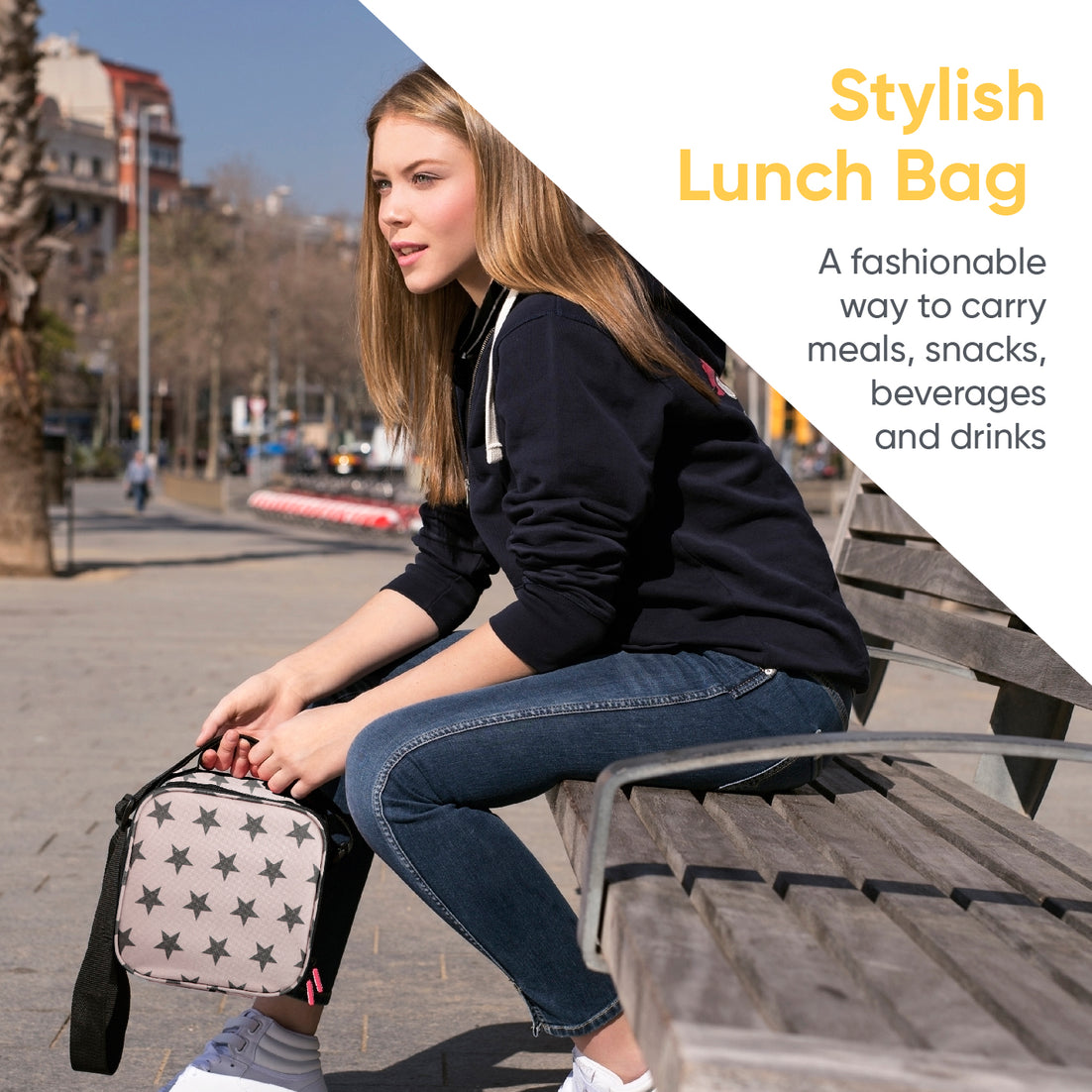 Insulated Lunch Bag with Food Containers, Pink Stars