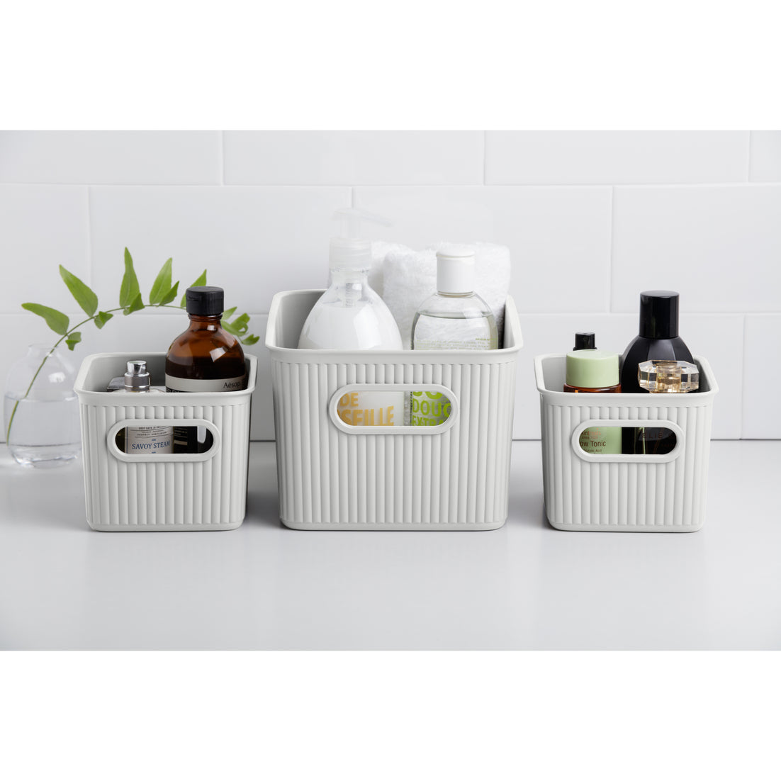 Set of 3 Ribbed Storage Bin White