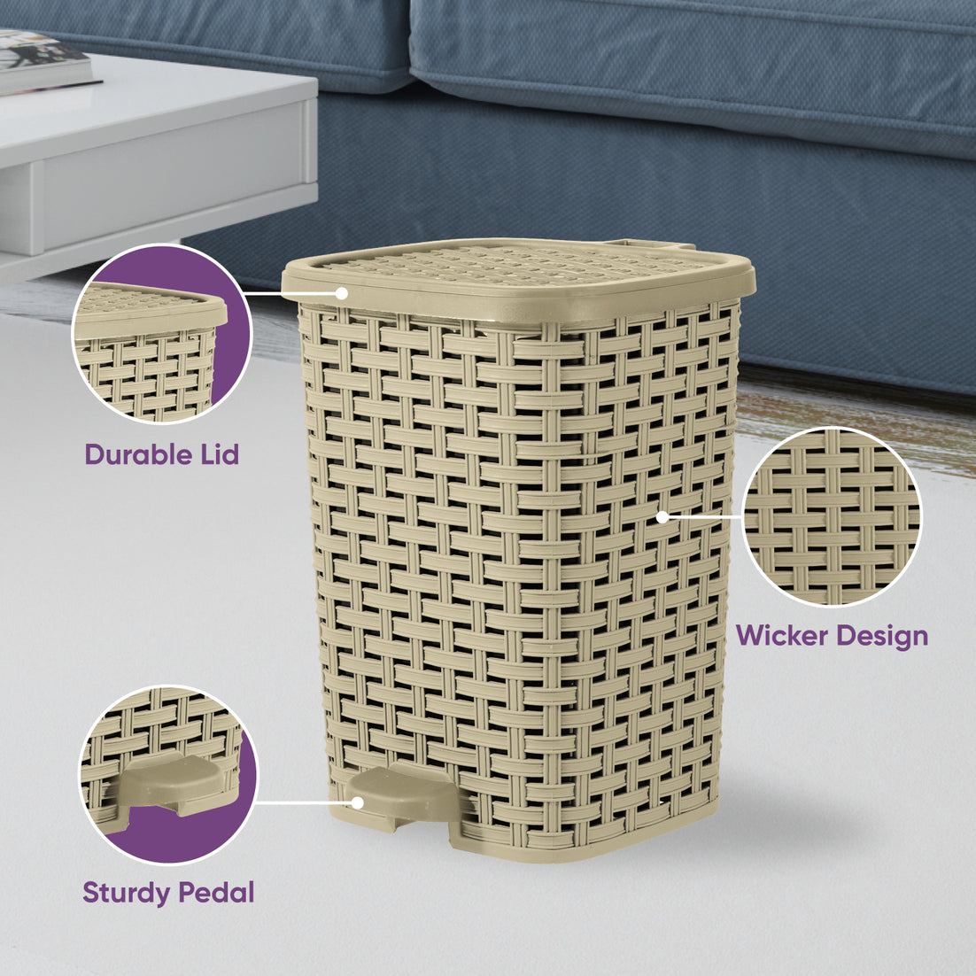 Step-On Trash Can, Wicker Style - Beige 12 qt