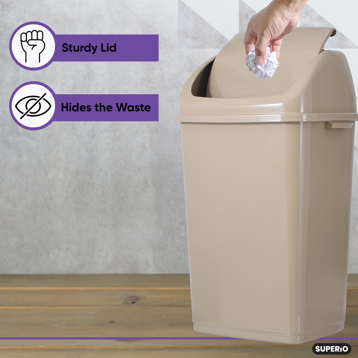 Large Swing Top Trash Can, 50 L/13 Gal - Beige