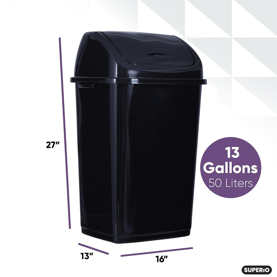 large Swing Top Trash Can, 13 Gal / 52 Qt - Black – Superio