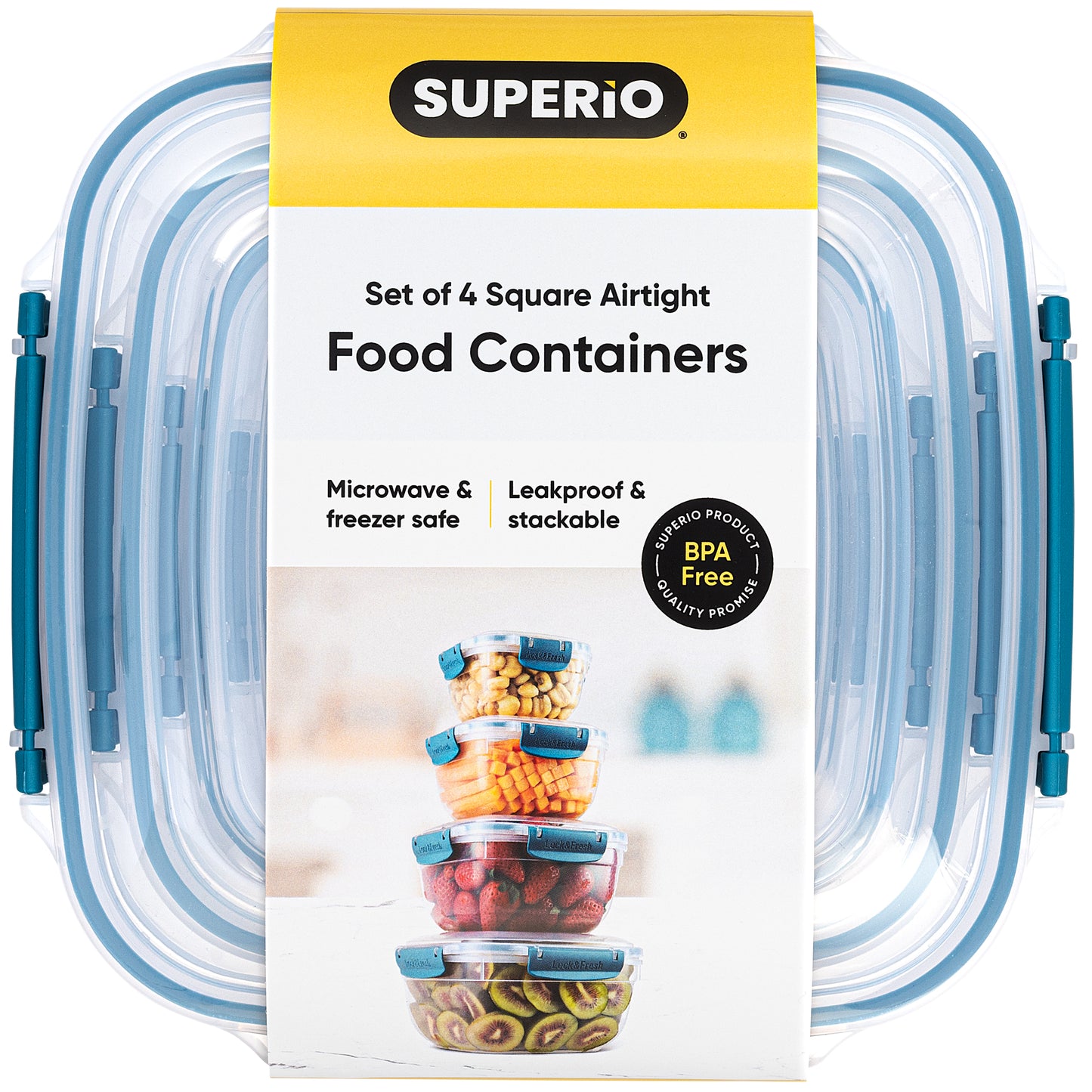 Set of 4 Square Sealed Containers, Blue