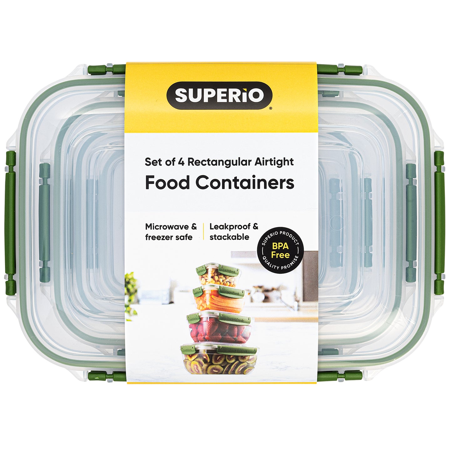 Set of 4 Rectangular Sealed Containers, Green